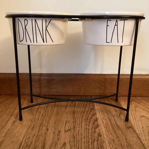 Rae Dunn Eat and Drink Dog Bowls Raised Pet Feeder Ivory Ceramic Dishwasher Safe - Picture 2 of 4